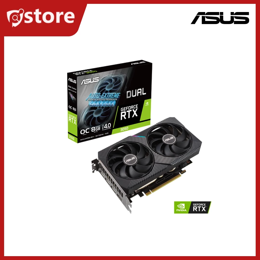 DUAL-RTX3050-O6G ( VRAM 6GB GDDR6 / CUDA Core 2304 / 192-bit / 1507 MHz (Boost Clock) / HDMI x1, DP x1, DVI-D x1 / 3 Years )